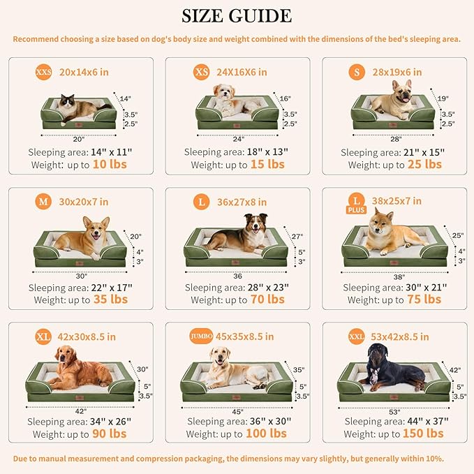 Comfort Expression Orthopedic Dog Beds for Jumbo Breed Large Dogs, Jumbo Dog Beds Waterproof, PV Washable Pet Sofa Couch with Removable Cover & Non-Slip Bottom(Light Green)