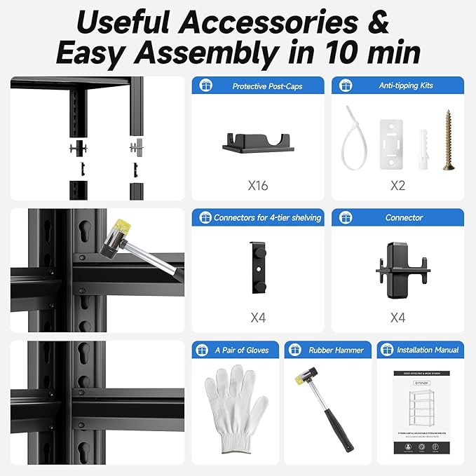 4-Tier 40" W x 19.7" D x 60" H Garage Shelf Heavy Duty Metal Garage Shelving Load 2200LBS Utility Shelves Industrial Rack Adjustable Shelves for Garages Basement Storage Shelves (Black)