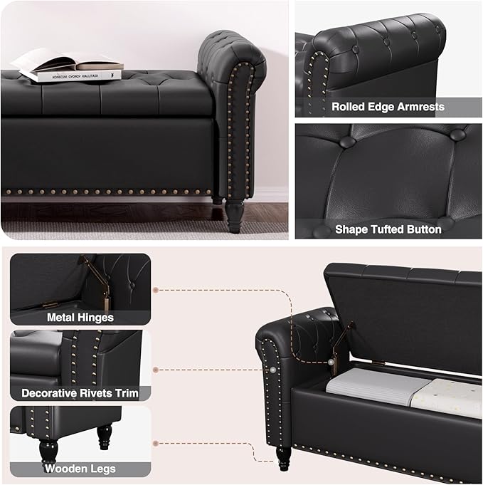 65 Inch Bedroom Bench, End of Bed Bench with Storage, Bed Benches for Foot of Bed, Faux Leather Window Bench with Tufted Button and Nailhead Trim, Upholstered Storage Bench with Rolled Arms, Black