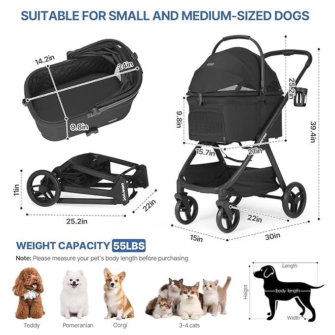 X-5 Luxury Pet Stroller for Medium Dog Under 55lbs or 2 Small Dogs & Cats, One-Touch Folding, Adjustable Handle and Detachable Carrier (Black)