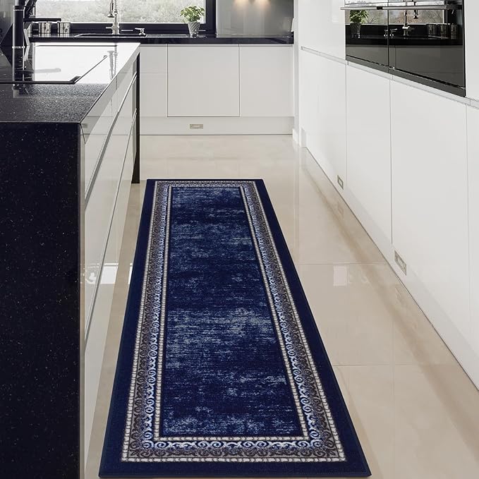 Antep Rugs Alfombras Bordered Modern 2x10 Non-Slip (Non-Skid) Low Pile Rubber Backing Indoor Area Runner Rug (Navy, 2' x 10')