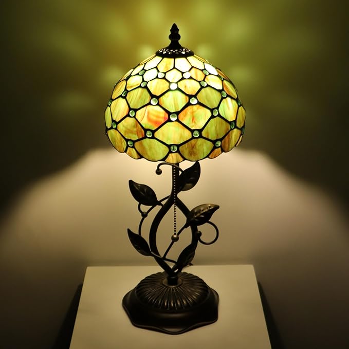 Small Tiffany Lamp Brown Green Pearl Style Stained Glass Table Lamps Desk Bedside Reading Light 8X8X18 Inches with Bronze Metal Leaf Resin Base