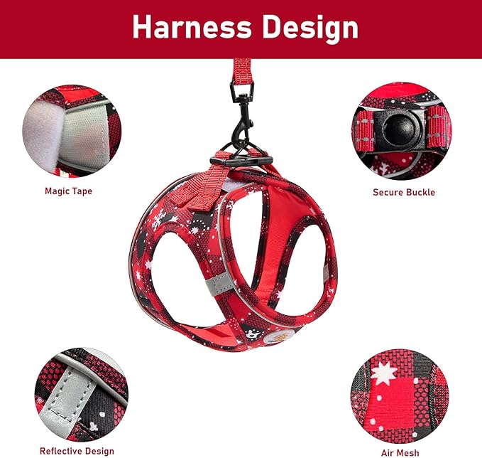 Christmas Dog Harness and Leash Set, No Pull Soft Mesh Puppy Harness for Small Medium Dogs, Cats - Step in Reflective Vest Harness for Walking, Training - Christmas Red, XXS