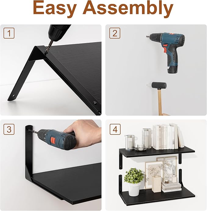 Fun Memories Deep Floating Shelves for Wall, 12 Inch Deep Black Wall Shelf, 24 Inch Long Floating Shelves with Bracket Set of 2, Rustic Deep Storage Shelf for Bedroom, Living Room, Kitchen