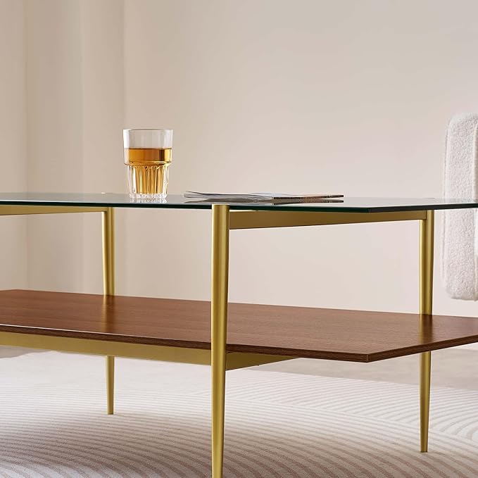 Extra Large Rectangle Glass Coffee Table, Mid-Century Modern Design, for Living Room, L47 x W24 x H17 Inch, Clear Glass Top and Walnut MDF Shelf, Sleek Conical Metal Legs with Gold Finish