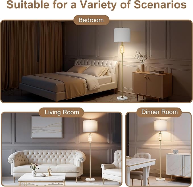 Floor Lamps for Living Room with Night Light, Alabaster Standing Lamp with Linen Shade, Rotary Switch, Marble Tall Lamp, Gold Floor Lamps for Bedroom Living Room Office (Bulb Included)