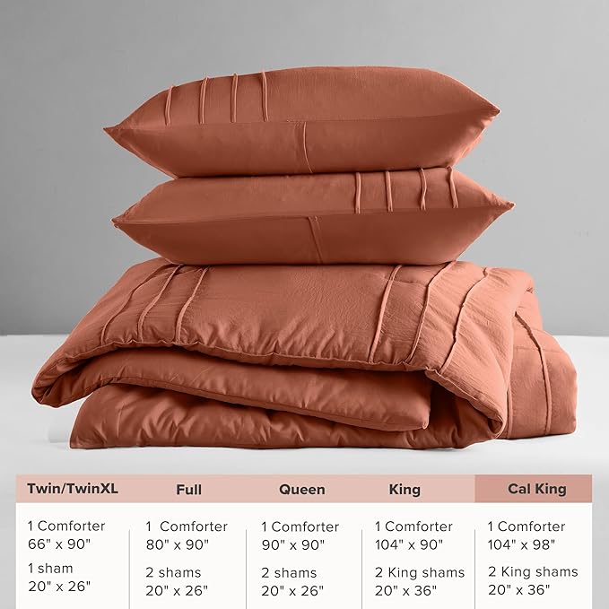 Comfort Spaces Clay Cal King Size Comforter Set - 3 Pieces Pintuck Pleated Bedding Sets, All Season Lightweight, Extra Softness Pre-Washed Microfiber Cal King Bed Set, Shams, Cal King