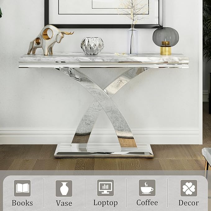 AUZ 2 Pieces Silver Living Room Table Set, Coffee Table and Console Table with X-Shape Design Polished Stainless Steel Frame