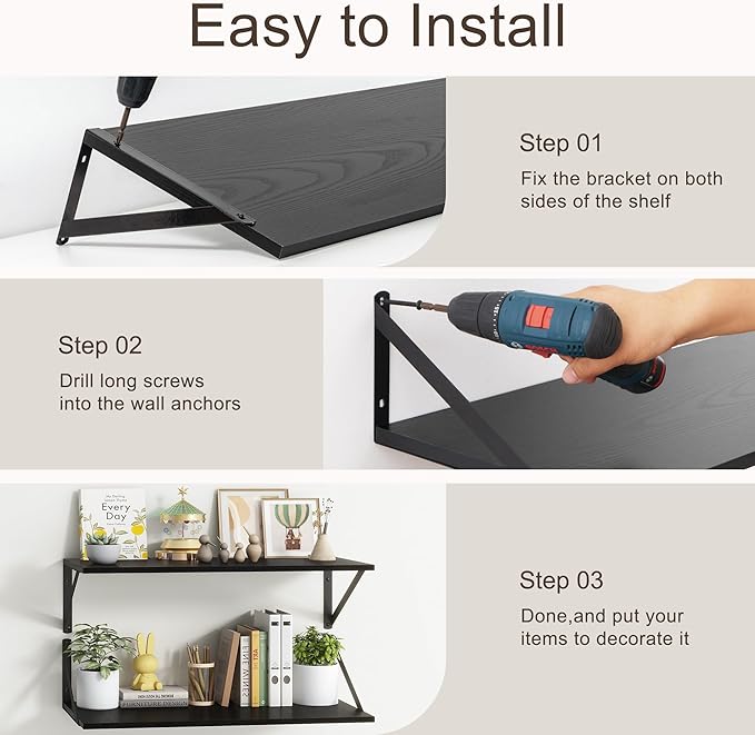 Fun Memories 10 Inch Deep Floating Shelves, Black Floating Shelf 16 Inch Long, 16" W x 10" D Wall Shelves Set of 2, Deep Shelves for Books, Wide Floating Shelves for Bahtoom, Living Room, Kitchen