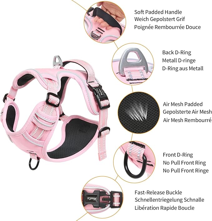 HEELE Dog Harness, No Pull Adjustable Padded Reflective Harness for Small Medium Large Dogs with Handle for Walking Training, Pink, M