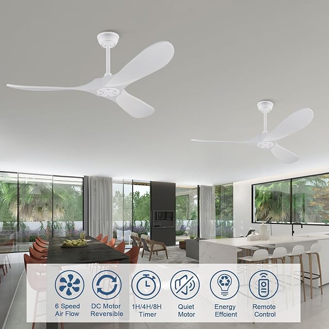 52 inch Ceiling Fan no Light, Quiet Reversible DC Motor Wood Ceiling Fan Without Light, White Modern Ceiling Fan with Remote Control for Outdoor Indoor Farmhouse Patios