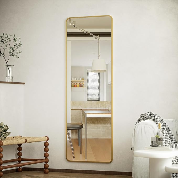 BEAUTYPEAK 14"x48" Full Length Over The Door Mirror, Aluminum Alloy Frame Full Body Mirror with Height-Adjustable Hangers, Hanging Mirrors for Bedroom, Living Room, Bathroom, Gold