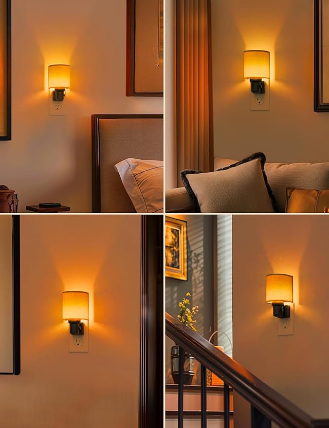 L LOHAS LED Amber Night Lights Plug into Wall, Plug in Night Light Dimmable, Farmhouse Decorative Nightlights Plug in Wall, Light Sensor, Linen Fabric Yellow Nightlight for Bedroom Hallway, 1 Pack