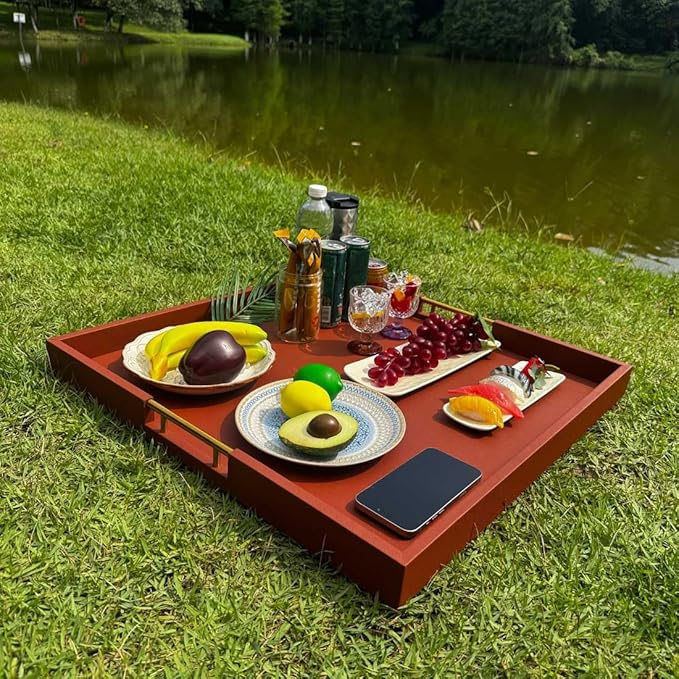 24x24 Inches Extra Large Brown Faux Leather Wrapped Wood Ottoman Tray with Golden Handles for Serving Food and Breakfast On Bed Square Coffee Table Organizer Home Decor and Decorative