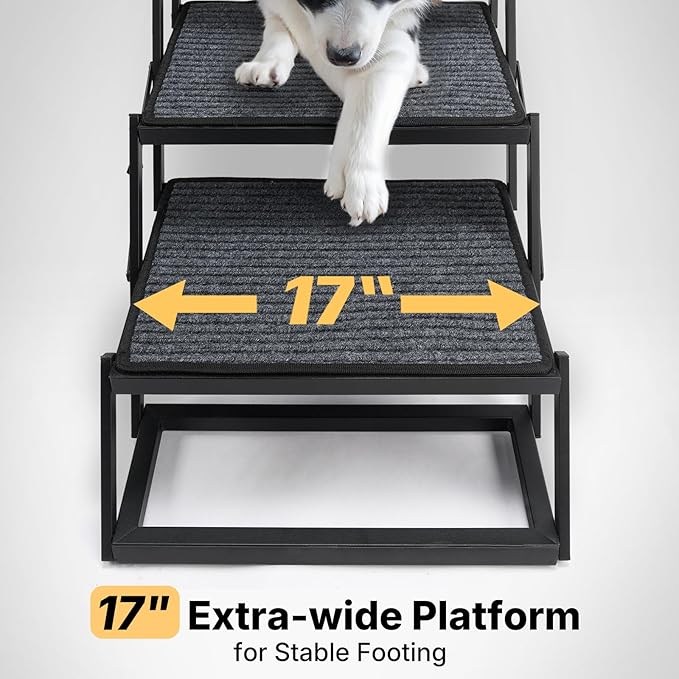 Veehoo Foldable Dog Stairs for Large Dogs, 4 Steps Folding Dog Ramp for Car Sedan Vehicle 17" Wide, Heavy Duty Outdoor Pet Steps Ladder with Non Slip Rug Surface for Old Dogs, Support up to 200 lbs