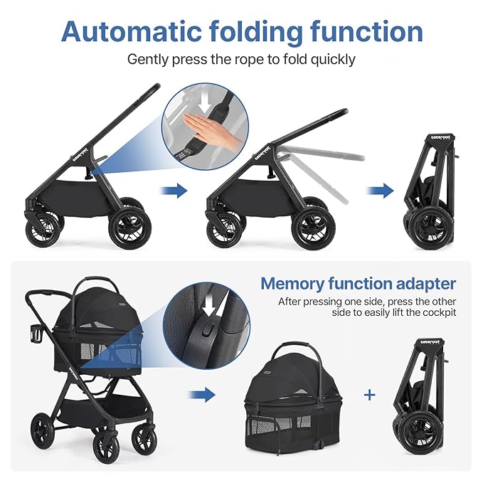 X-5 Luxury Pet Stroller for Medium Dog Under 55lbs or 2 Small Dogs & Cats, One-Touch Folding, Adjustable Handle, Detachable Carrier and Inflatable Wheels (Black & Net Wall)