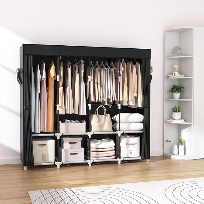 VTRIN Portable Closet for Hanging Clothes 67 Inch Wide Large Capacity Portable Wardrobe Closet with Cover, 4 Storage Shelves and 4 Hanging Rod Sturdy Free Standing Closet for Bedroom, Black