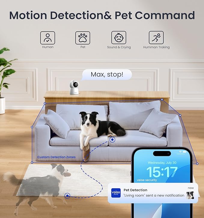 Veise 2K Security Camera Indoor 2.4GHz, 360° Pan/Tilt Cameras for Home Security, Pet & Baby Monitor, Motion Tracking, Voice Control, 2-Way Audio, IR Night Vision, Cloud &SD Card Storage, White