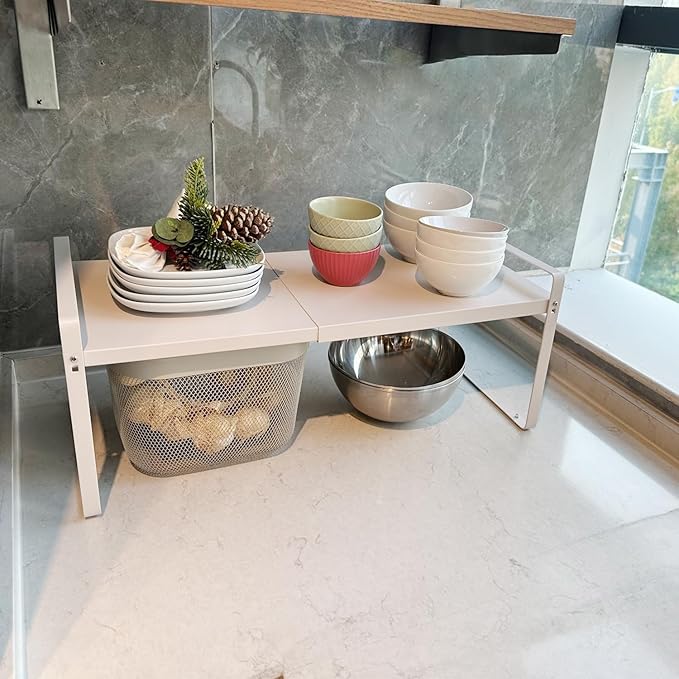 Set of 2 Expandable Cabinet Shelf Organizer, White Kitchen Countertop Shelves, Stackable Metal Pantry Storage Organizer for Cupboard, Spice Rack