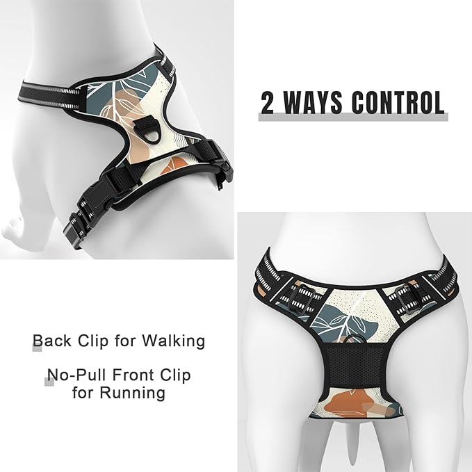 Rnivvi No Pull Dog Harness, Cute Boho Reflective Large Sized Puppy Harness, Adjustable Soft Padded Vest for Large Dogs, Heavy Duty Pet Vest with Easy Control Handle for Walking Training, Leaves