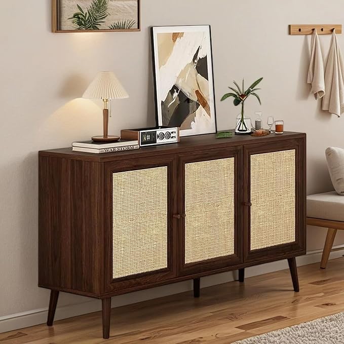 47" Rattan-Door Sideboard Cabinet with Shelf, 3-Door TV Stand Credenza Buffet with Generous Storage, Modern Accent Cabinet for Living Room & Kitchen, Walnut