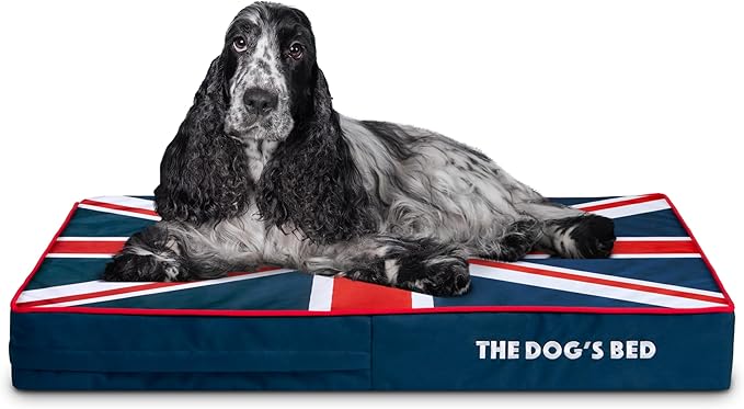 The Dog’s Bed Orthopedic Memory Foam Dog Bed, Medium Blue & Red Trim UK Center Flag 34x22, Pain Relief for Arthritis, Hip & Elbow Dysplasia, Post Surgery, Supportive, Calming, Waterproof Washable