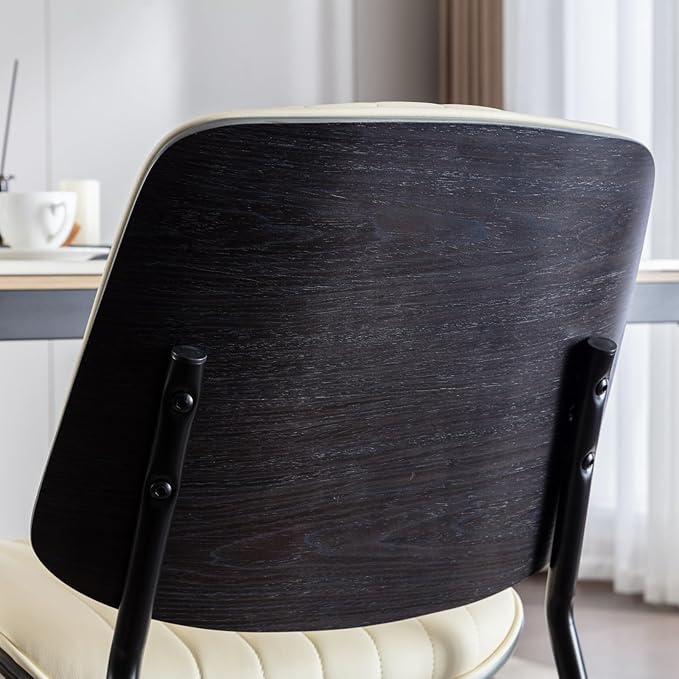 Dining Chairs Set of 6, Mid Century Modern Accent Dining Room and Kitchen Chairs, Upholstered PU Leather Vertical Stripe Chairs for Vanity with Walnut Bentwood and Metal Legs, Beige