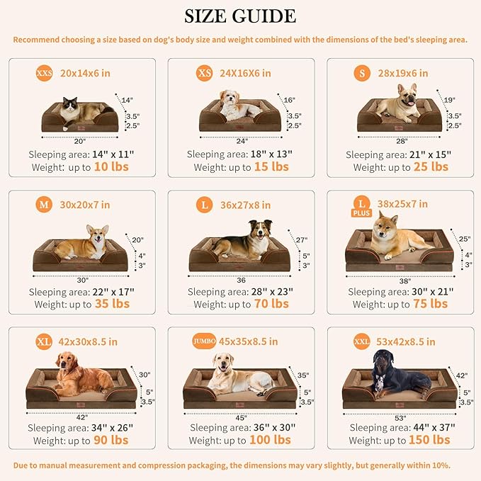 Comfort Expression XXL Orthopedic Dog Bed for Extra Large Dogs, Washable Dogs Sofa Bed, Waterproof Orthopedic Foam Dog Beds with Removable Cover & Non-Slip Bottom(XX-Large,Brown)