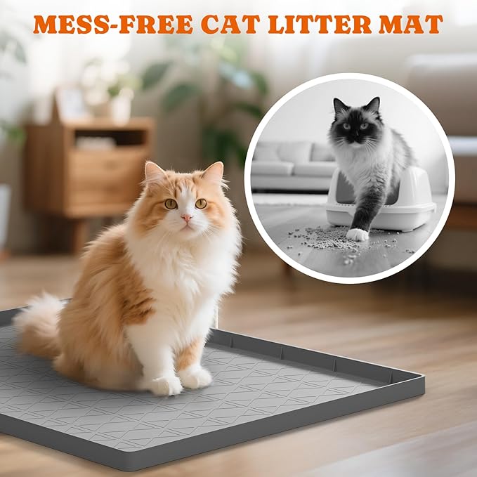 Pawtners Extra Large Silicone Cat Litter Mats, 34" x 22" Waterproof Litter Box Mat, Non-Slip Kitty Litter Mat for Scatter Control, Easy to Clean & Urine-Proof Cat Litter Trapping Mat, Gray