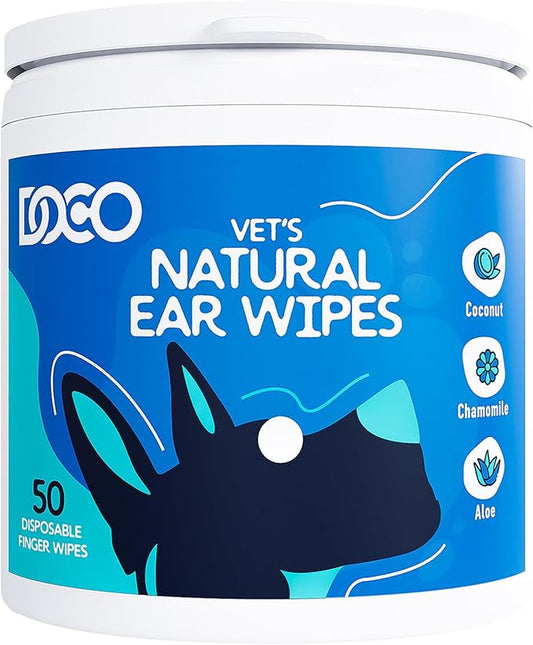 DOCO Dog Ear Cleaner Wipes Finger Cleaning Kit for Dogs & Cats Eucalyptus, Chamomile & Aloe Cat Ear Cleaner Soothes, Deodorizes & Helps Itchy Ears (50 Count)
