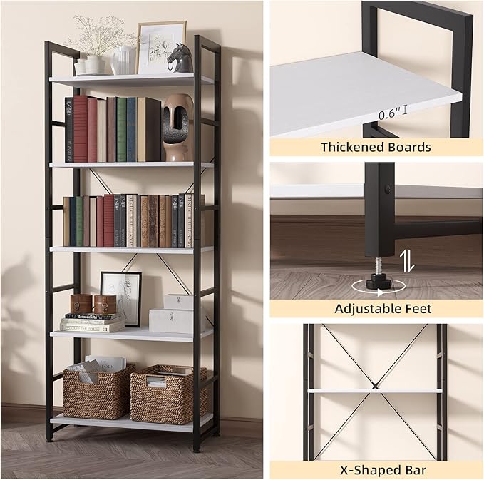24" Bookshelf, 5-Tier Ladder Shelf, Industrial Bookcase, Wooden and Metal Storage Rack, Shelving Unit for Living Room Entryway Office, White Book Shelves