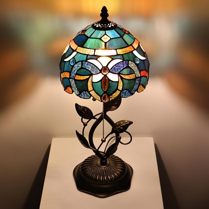 Small Tiffany Lamp Sea Blue Baroque Style Stained Glass Table Lamps Desk Bedside Reading Light 8X8X18 Inches with Bronze Metal Leaf Resin Base
