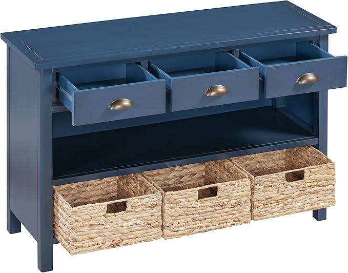 GDFStudio 47" Retro Console Table with 3 Drawers & 3 Water Hyacinth Baskets, Wooden Entryway Buffet Table with Lower Shelf, Vintage Side Board Storage Cabinet for Entryway Hallway Living Room, Navy