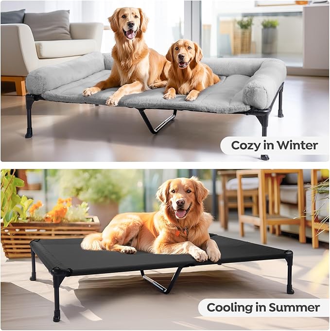 Veehoo Cooling Elevated Dog Bed with Fluffy Plush Bolster Cushion, Indoor Raised Dog Beds for Large Dogs, Soft Pet Sofa Cot with Removable Washable Mat, No-Slip Feet, 59 x 37 inches, Grey