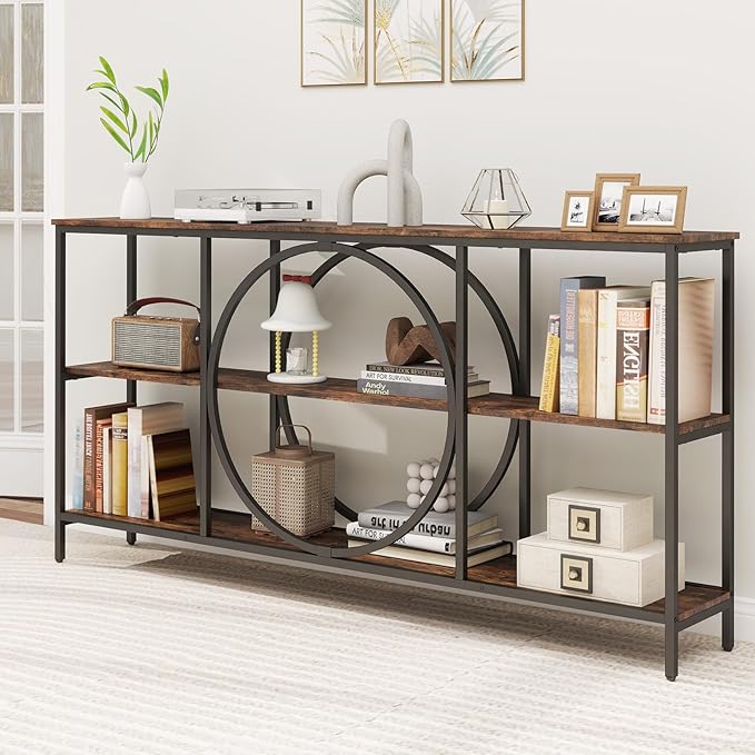 Giantex Narrow Long Console Table, 3-Tier Entryway Table with Faux Wood Grain Top&Heavy-Duty Metal Frame, Mid-Century Accent Sofa Tables with Open Storage Shelves for Living Room, Hallway(Brown+Black)