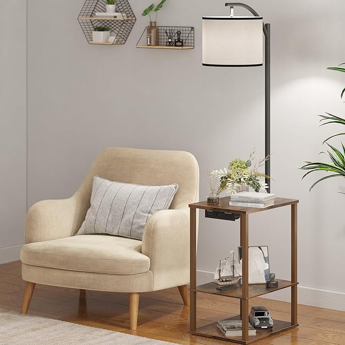 SUNMORY Floor Lamp with Table, End Table for Living Room with Lamp, Shelves Side Table with Charging Station(USB & AC Port), 3 Color Temperature LED Bulb, Modern Nightstand Lamp for Bedroom, Office