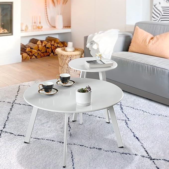 Outdoor Patio Coffee Table Set of 2, Weather Resistant End Table, Round Nesting Tables for Living Room Balcony Office, White