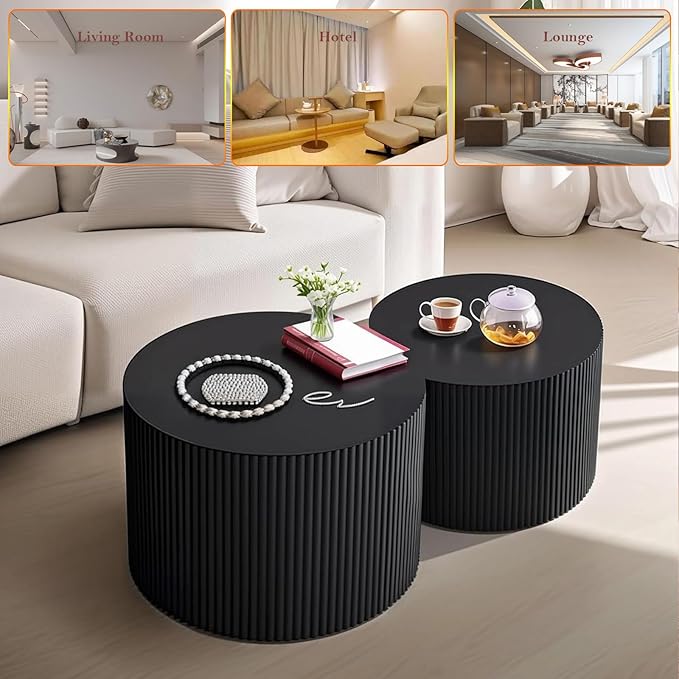 Black Round Fluted Coffee Table Set of 2 - Handcraft Embossed Design, Stylish Combination Center Drum Table for Living Room - No Assemble Needed (D-27.6IN+19.7IN)