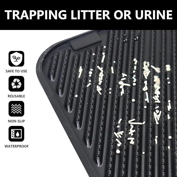 Silicone Cat Litter Mat, Scratch-Resistant Litter Trapping Mat, Waterproof & Non-Slip Litter Box Mat, Highly Effective for Collecting Litter (Black, 24x15x0.26 in)