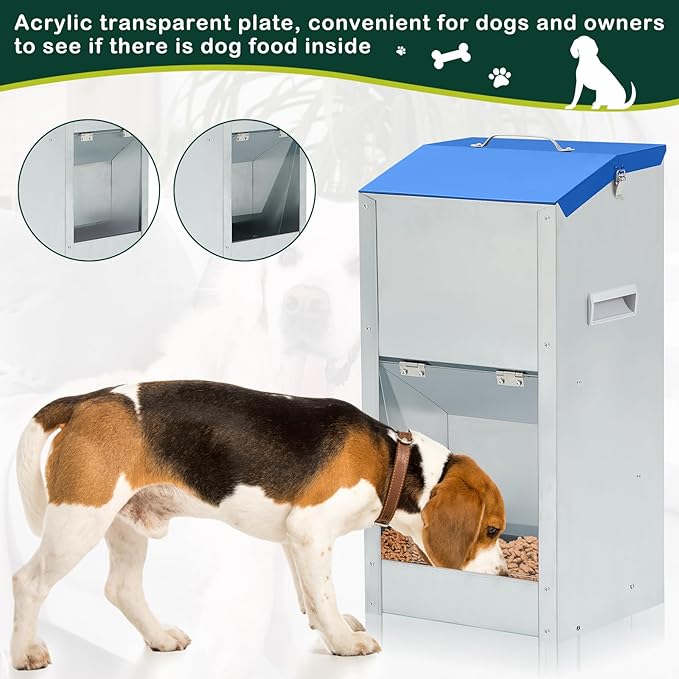 2 Pcs 25 Lbs Large Automatic Dog Feeders with Handle Acrylic Panel Galvanized Gravity Feeder Outdoor Hanging for Doggie Breed Dog Food Dispenser Container(Blue)