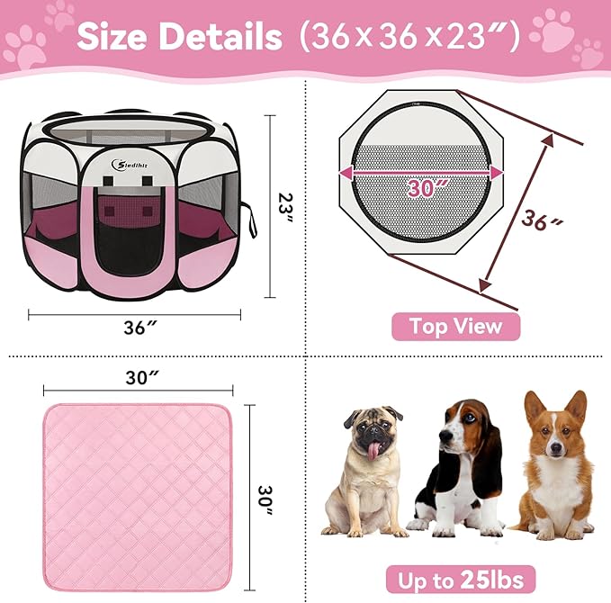 Pink Puppy Playpen for Middle Dog Cat, Dogs Tent Crate Cage Indoor/Outdoor, Portable Pop Up Dog Kennel with Carrying Bag for Rabbits, Removable Top (Pink with Pad, Medium (36" x 36" x 23"))