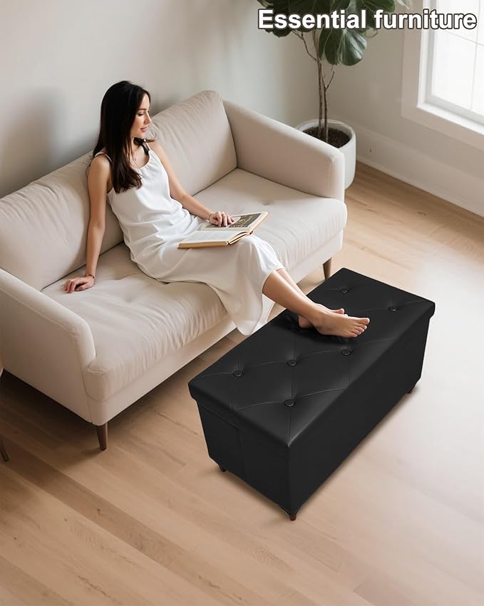 GLAXYFUR 30 Inches Storage Ottoman Bench with Wooden Legs, Faux Leather Folding Ottoman Foot Rest, Storage Bench for Living Room, Hallway & Bedroom, Upgrade Large Capacity (Engineered Wood, Black)