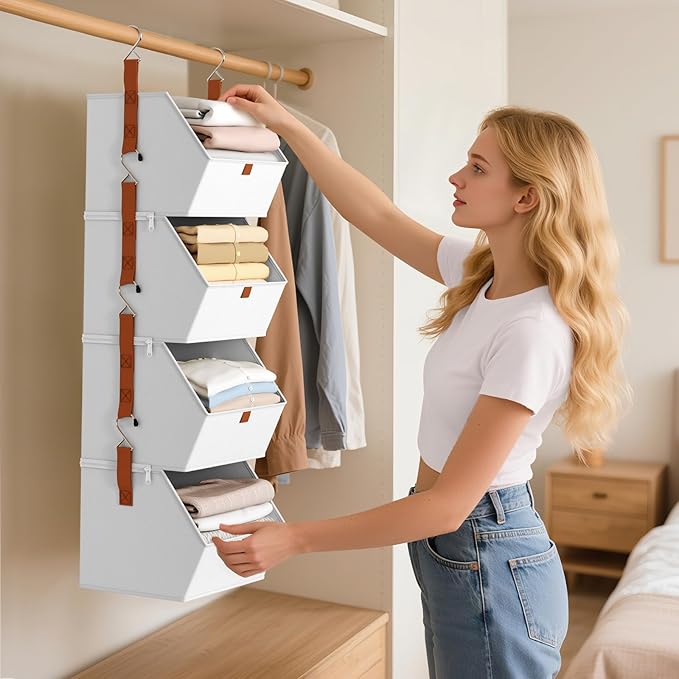 Hanging Closet Organizer 4 Tier - Clothes Hanging Shelves, Space-Saving Closet System, Fabric Storage Bins Bedroom Organization, Collapsible Baskets for Home, Dorm, Rv, White