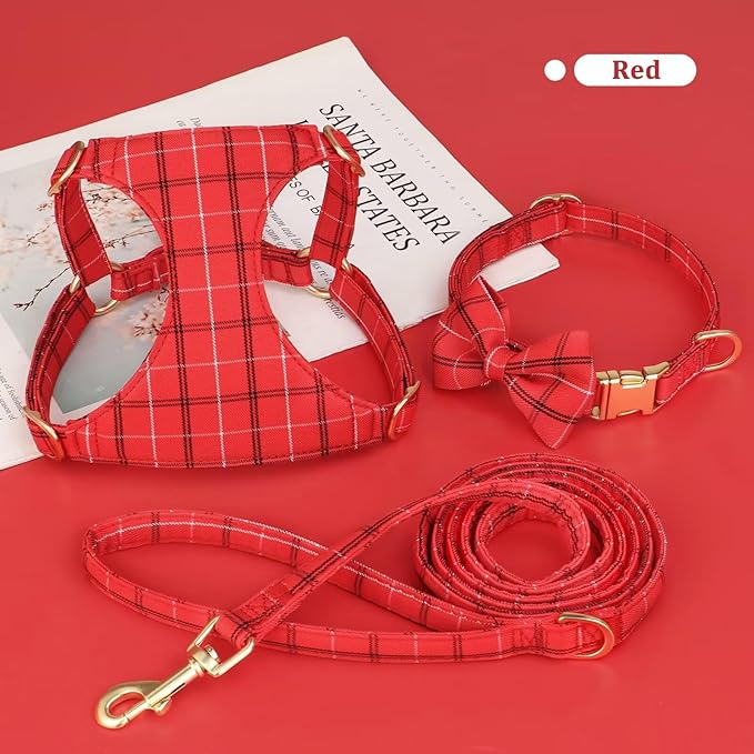 Beirui Cute Small Dog Harness Collar and Leash Set with Bowtie, Soft Adjustable Plaid Puppy Harness for Small Sized Dogs Cats Walks Parties and Photoshoots(Red,S:Chest 17-23")