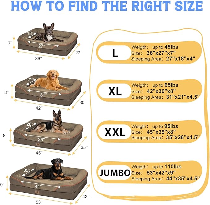 Washable Orthopedic Large Dog Bed - Big Dog Beds with Removable Waterproof Cover and Non-Slip Bottom XL Large Pet Beds with Bolster Extra Large Dogs Bed