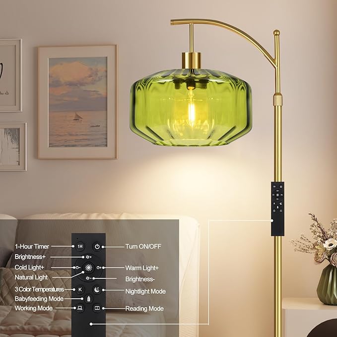 Arc Floor Lamps for Living Room Bedroom,Gold Floor Lamp with Remote Control & Glass lampshape,Dimmable Floor Lamp Modern Mid Century Modern Standing Lamp Vintage Tall Flower Lamp for Bedroom Corner