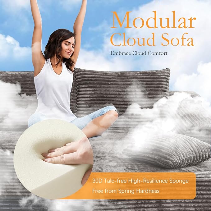 106'' Boneless Couches for Living Room, L Shaped Modular Sectional Sofa with Chaise Lounge, Faux Rabbit Fur & Layered Cushion Deep Seat Cloud Couch, No Assembly (Light Coffee, Right Facing Chaise)