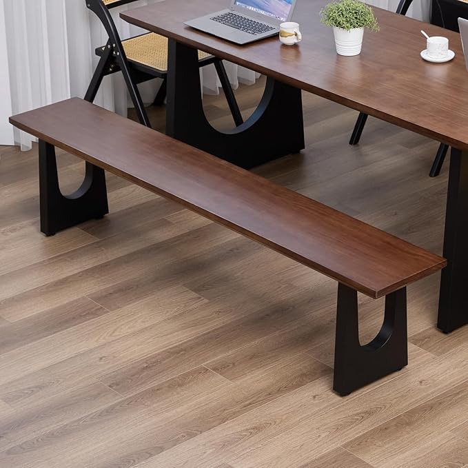 Walnut Color Long Bench Solid Wood Top Metal Legs U-Shaped Design Durable Sturdy Dining Bench Ideal for Office Home Restaurant Patio Multiple (Bench, 55.12in)