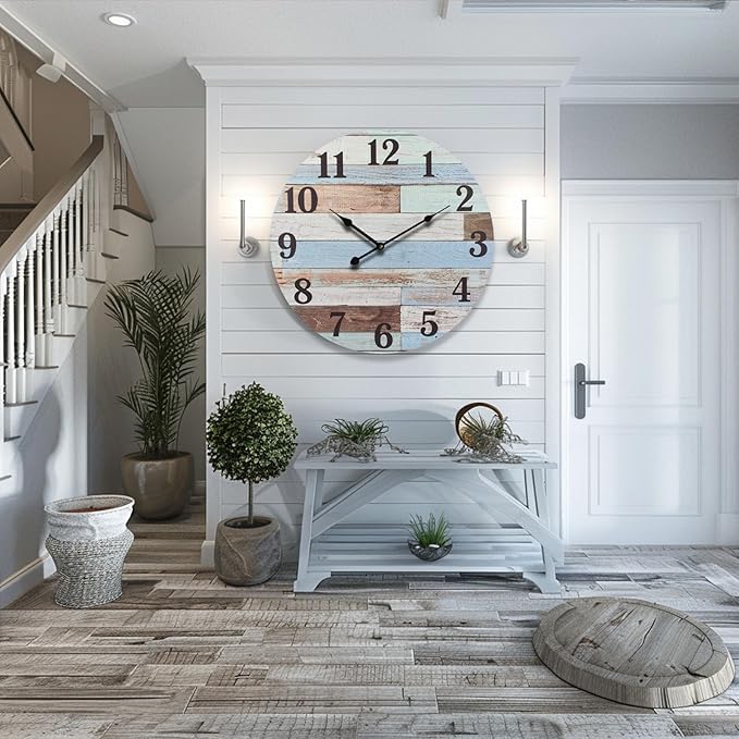 24 Inch Blue Woodgrain Shiplap Wall Clocks for Living Room Decor, Large Farmhouse Wall Clock,Coastal Beach Nautical Style,House Warming Gifts New Home