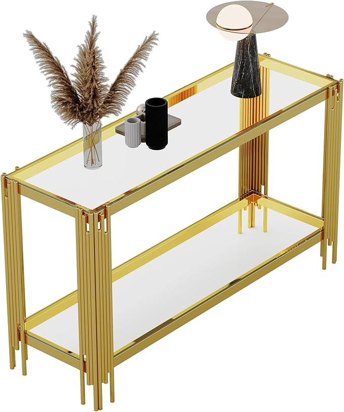 Goujxcy Modern Glass Console Table 55" Gold Entryway Table with Tempered Glass Top and Mirror Finish Stainless Steel Legs, Luxury Rectangular Sofa Table for Living Room Hallway Corridor Table (Gold)
